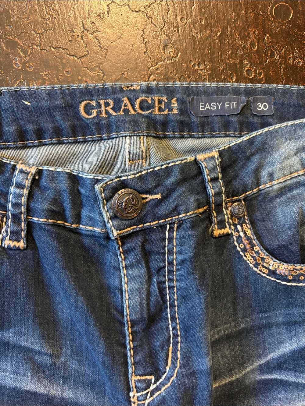 Grace Women's Dark Blue Denim Jeans with Sequin Trim
